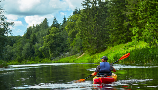 Solo kayaker paddling along a scenic forest-lined river
